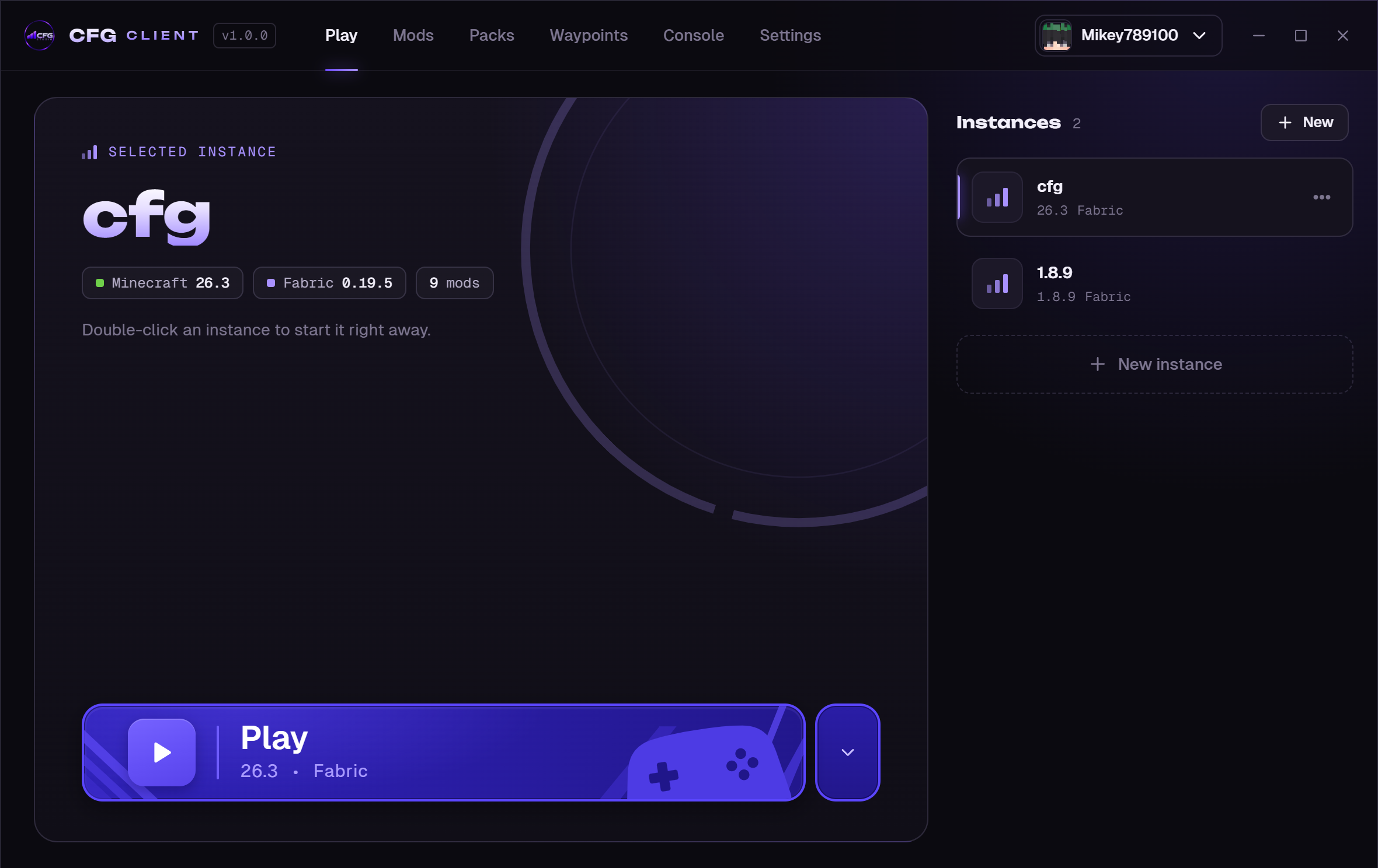 CFG Client launcher showing the Play tab and Minecraft instances